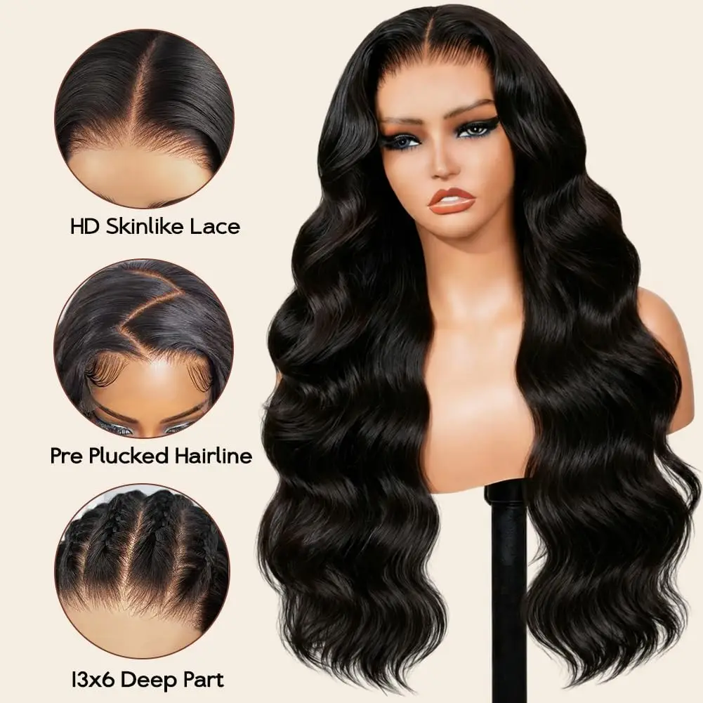 

250 Density 13x6 Lace Front Wigs,100% Human Hair, [2-Year Life,250g], 28 Inch Body Wave HD Lace Front Wigs Human Hair Pre Plucked Transparent Frontal Glueless Wigs with Baby Hair