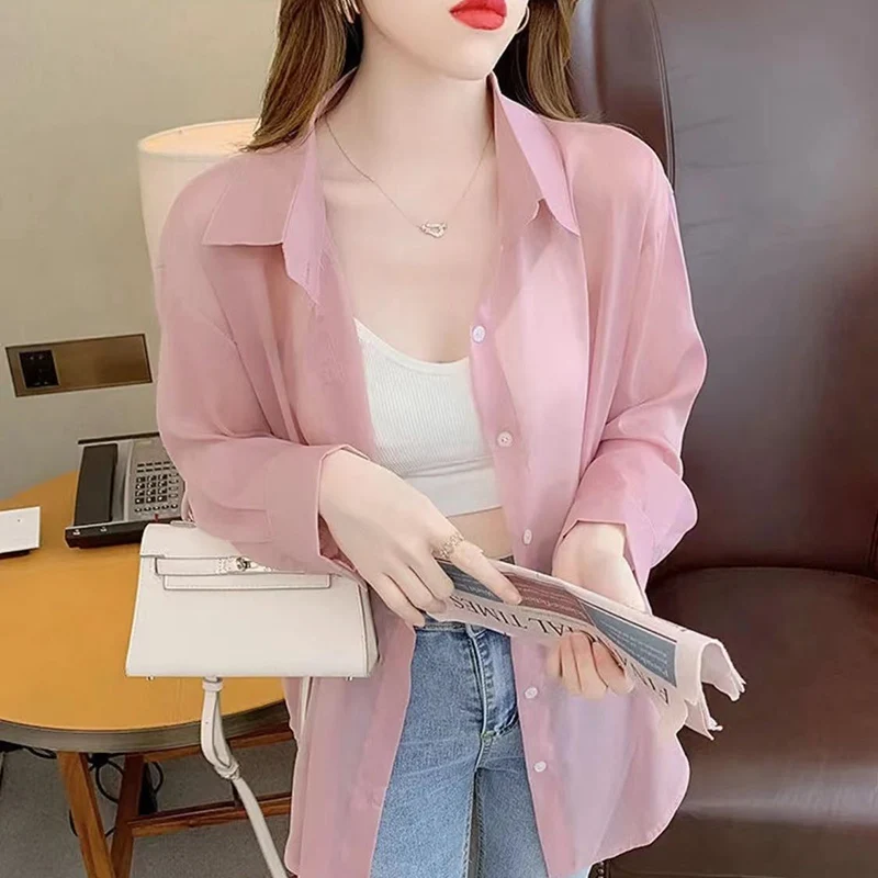 ZOKI Summer Women Thin Shirts Loose Chiffon Long Sleeve Sun Protection Shirt Solid Korean Beach Holiday Ladies Tops