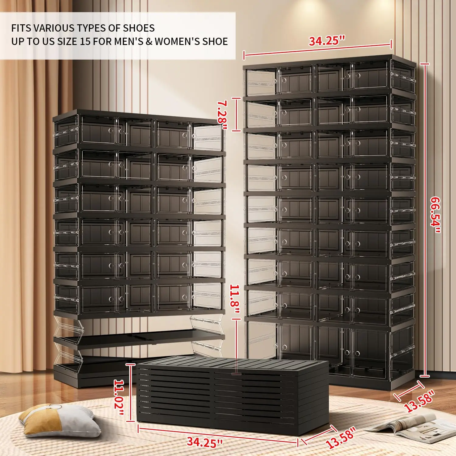 9-Tier Foldable Shoe Rack for Closet Entryway 18-36Pairs,Stackable Clear Shoe Storage Boxes Organizer with Door Plastic Shoe