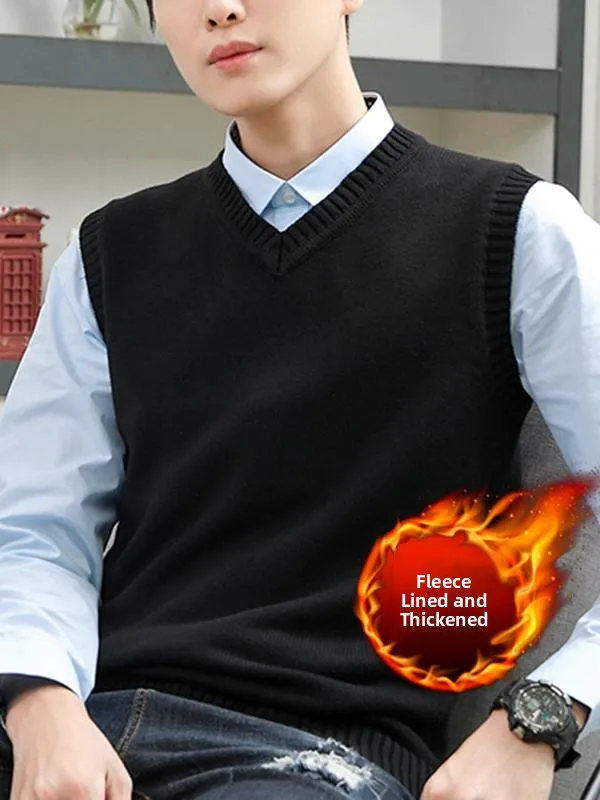 

Men's Winter Thiened Fce Lined Knitted Vest V-Ne Svel Trendy Woolen Sweater Warm Breathable Youth Casual Faion