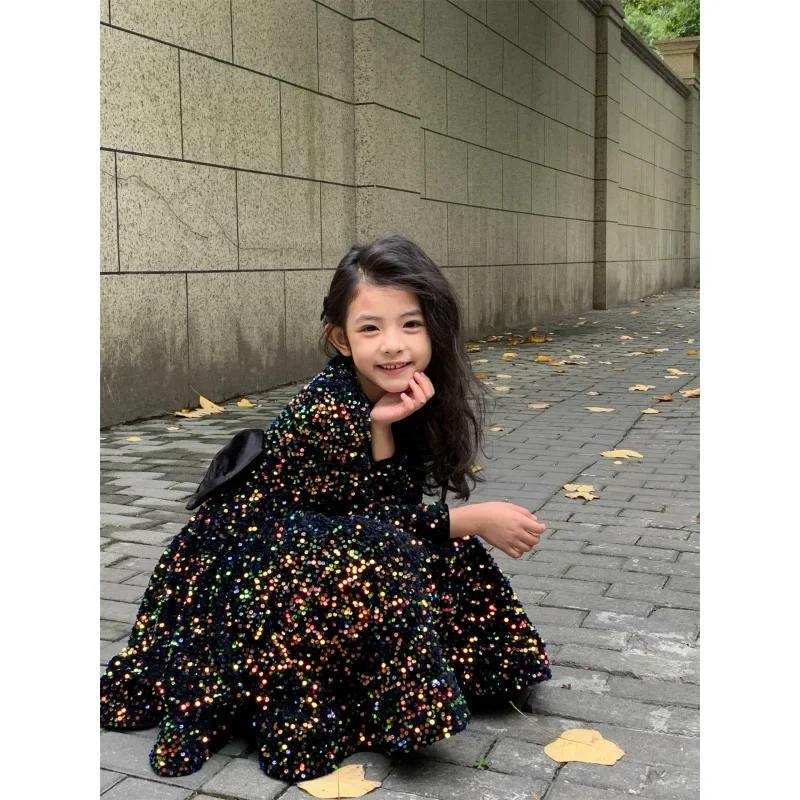 2025 Spring Autumn New Girl Dress Fleece-Lined Princess Velvet Sequined Dresses Birthday Party Costume Children Clothes Vestido