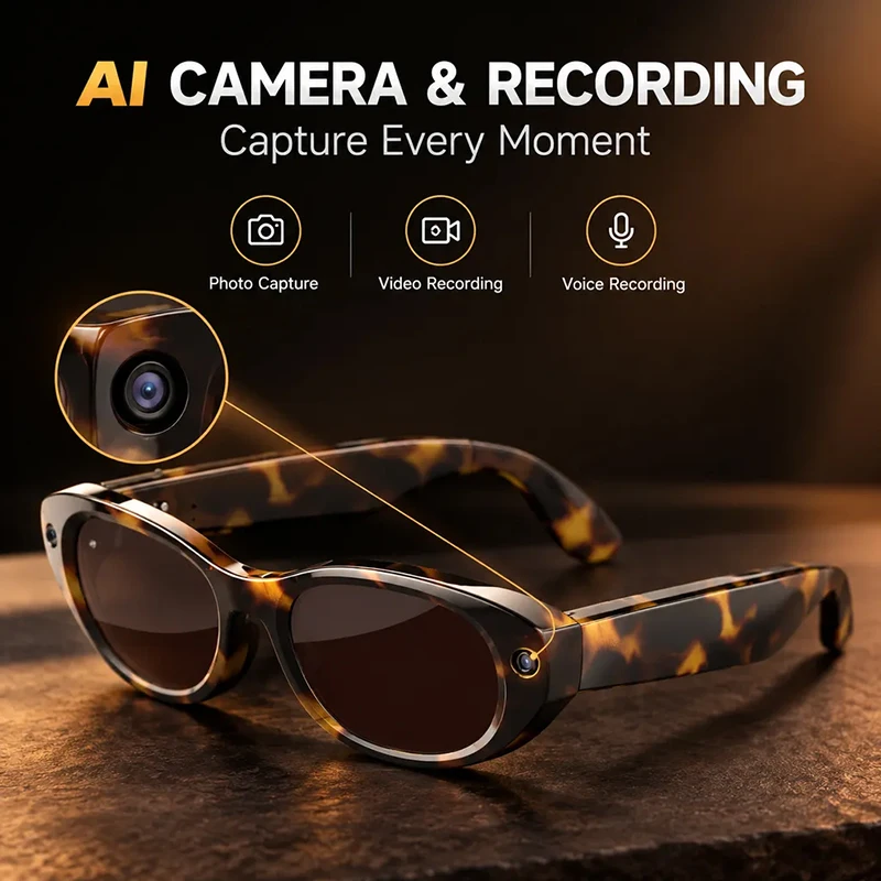 AI Smart Oval Glasses With Camera Voice Assistant Sunglasses Women Video Recording Charging Case Eyeglasses Interaction Shades