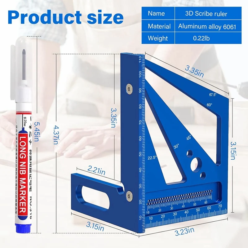 3D Multi Angle Measuring Ruler Carpenter Square Aluminum Alloy Woodworking Ruler Miter Triangle Ruler-A13G