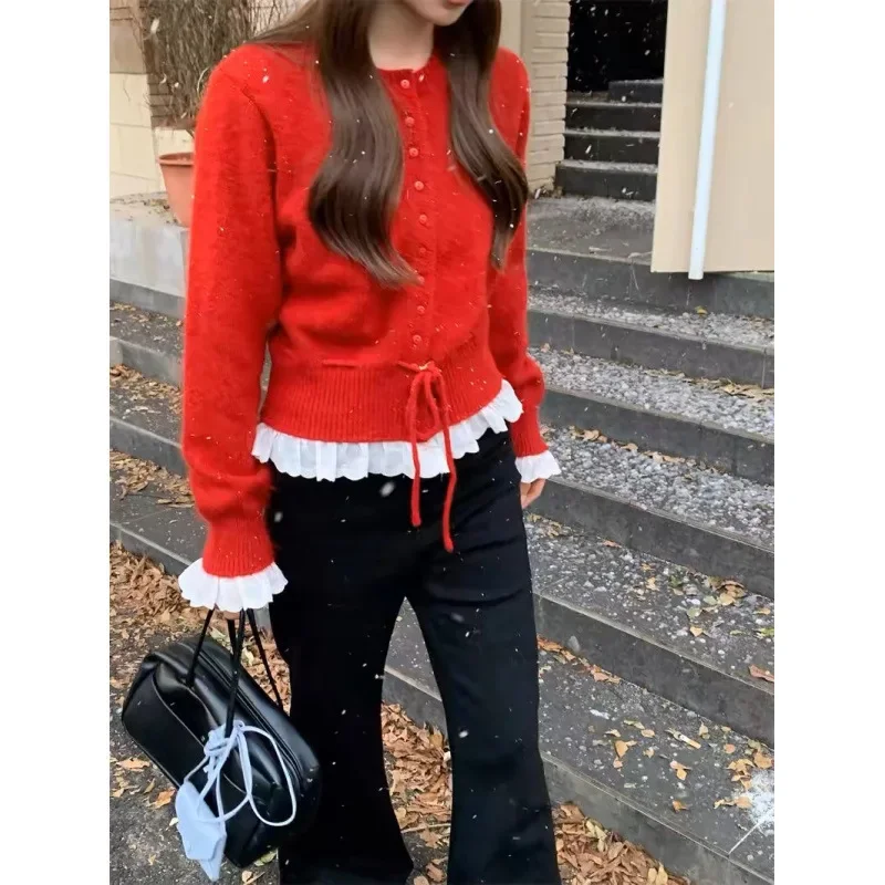

New Year's Fashion Red Knitted Sweater Women's Winter Sweet Style Design Ruffle Hem Belt Long Sleeve Base Shirt Top