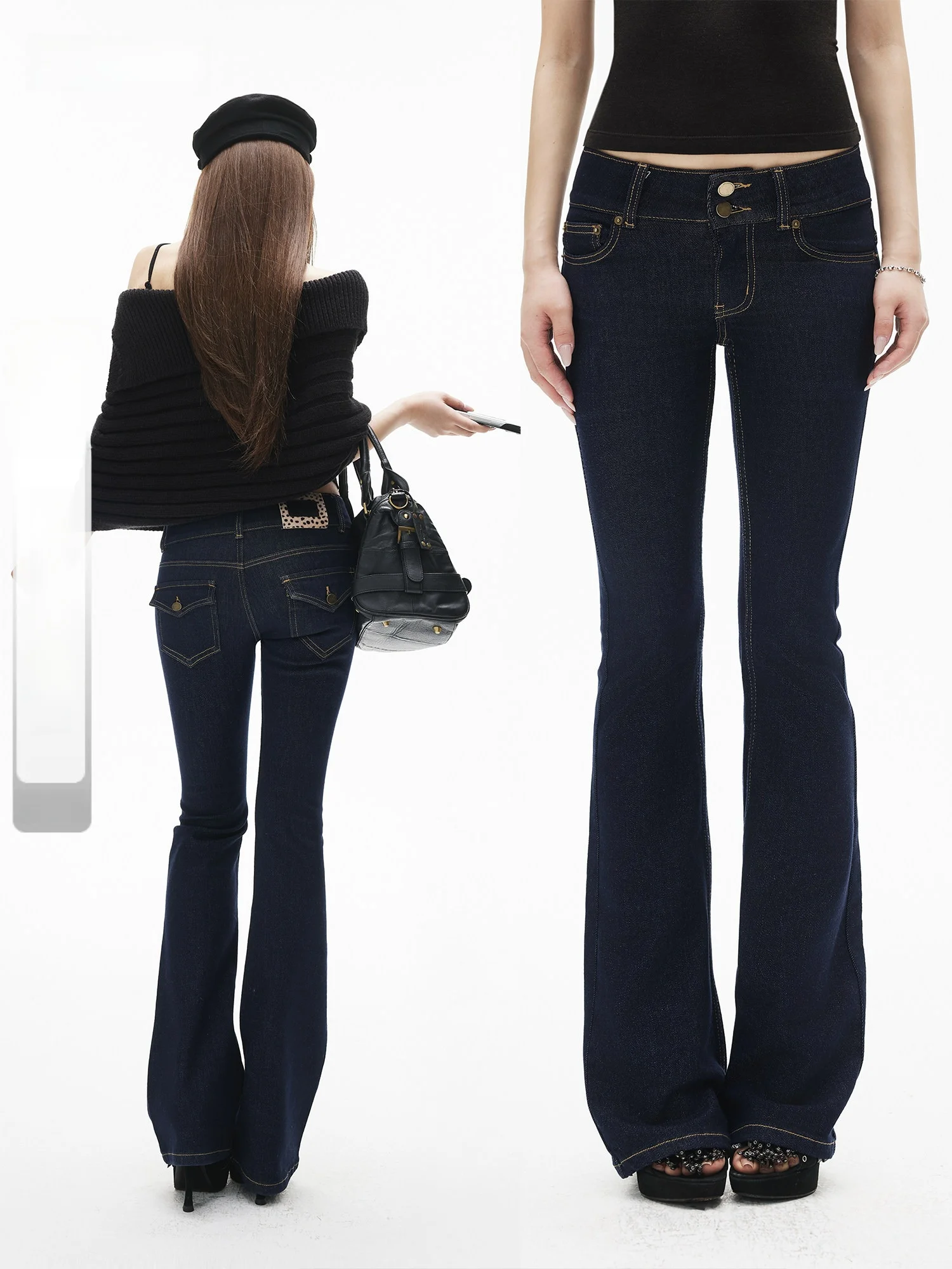 

Low Waist Double Bule Wide Waist Head Long Leg Tight Micro Flare Jeansiamxiaa90S Retro Original Bull Color Casual Jeans