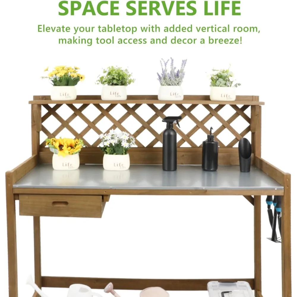 ม้านั่งและโต๊ะกระถางสวน, สถานีทํางานไม้กลางแจ้งพร้อมโต๊ะโลหะด้านบน, ลิ้นชัก, ชั้นวางด้านล่างขนาดใหญ่, ชั้นวางเปิดไม้ธรรมชาติ-