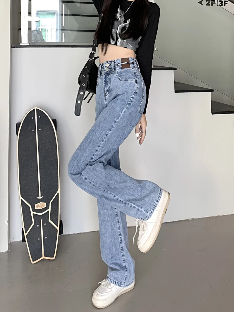 Cintura alta perna reta jeans feminino novo 2025 emagrecimento plus size solto ort plus size calças verão mistura de algodão fino