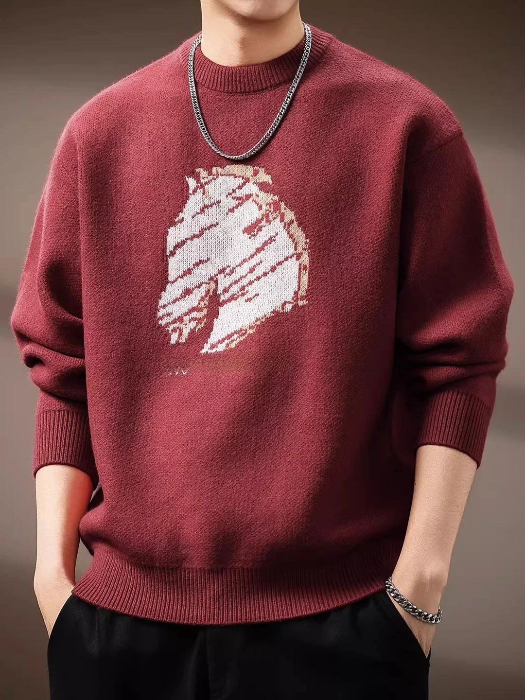 

Мужской вязаный свитер большого размера, премиум-класса, с круглым вырезом, с принтом, повседневный, из хлопка, теплый, модный, осенне-зимний