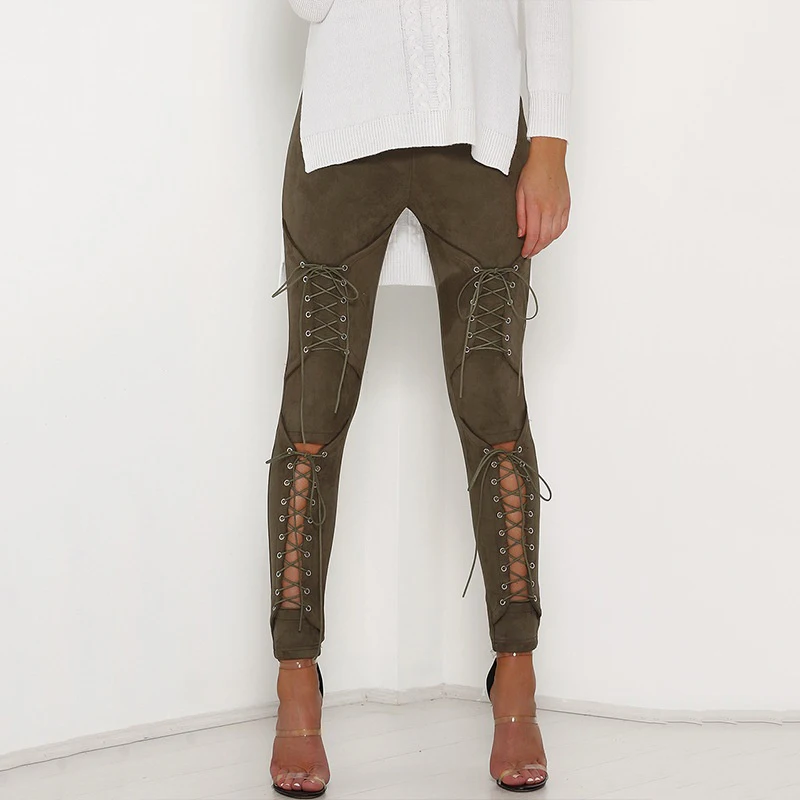 

Lace Up Cut Out Fashion Trousers for Women New Suede Leather Pencil Pants Sexy Bandage Legging Pants Hollow Out Women's Pants