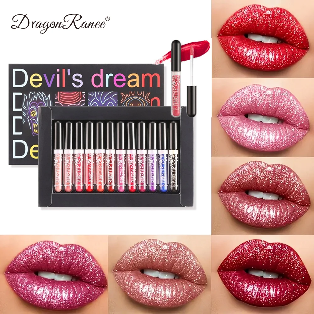 12 Lip Gloss Set Box for Halloween and Christmas Makeup with Pearlescent Shining, Waterproof, Durable, Natural Makeup, Shining,