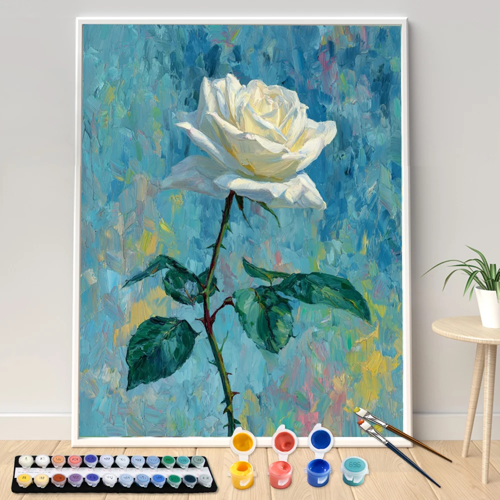 

Digital Acrylic Painting Kit DIY A white rose Art Canvas Hand Painted Home Decor Personalized Surprise Gift