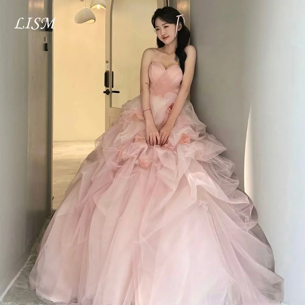 Lism Pincess Wedding Dress Sweetheart Remove Sleeves Handmade Riose Draped Pink Tulle Korea Photo shoot Bridal Gown Customized