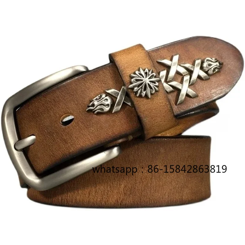 Handmade Top Layer Cowhide Belt, Youth Needle Buckle Genuine Leather Belt, Casual Personality Retro Paired with Jeans
