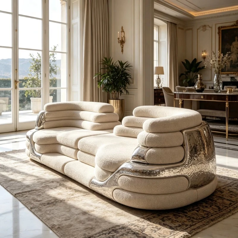 Silver fiberglass frame home sofa multi-layer stacked beige terry seat cushion