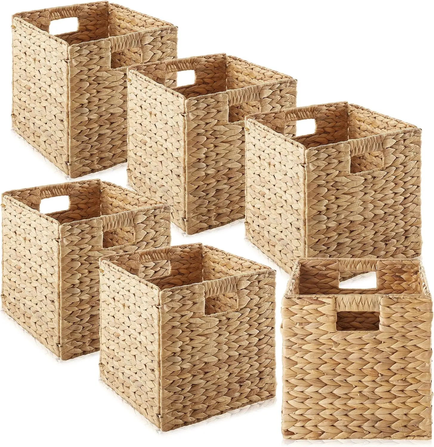 10.5' X 10.5' Water Hyacinth Storage Baskets, Natural - Set of 6 Collapsible Cube Organizers, Woven Bins for Bathroom, Bedroom, Laundry, Pantry, Shelves