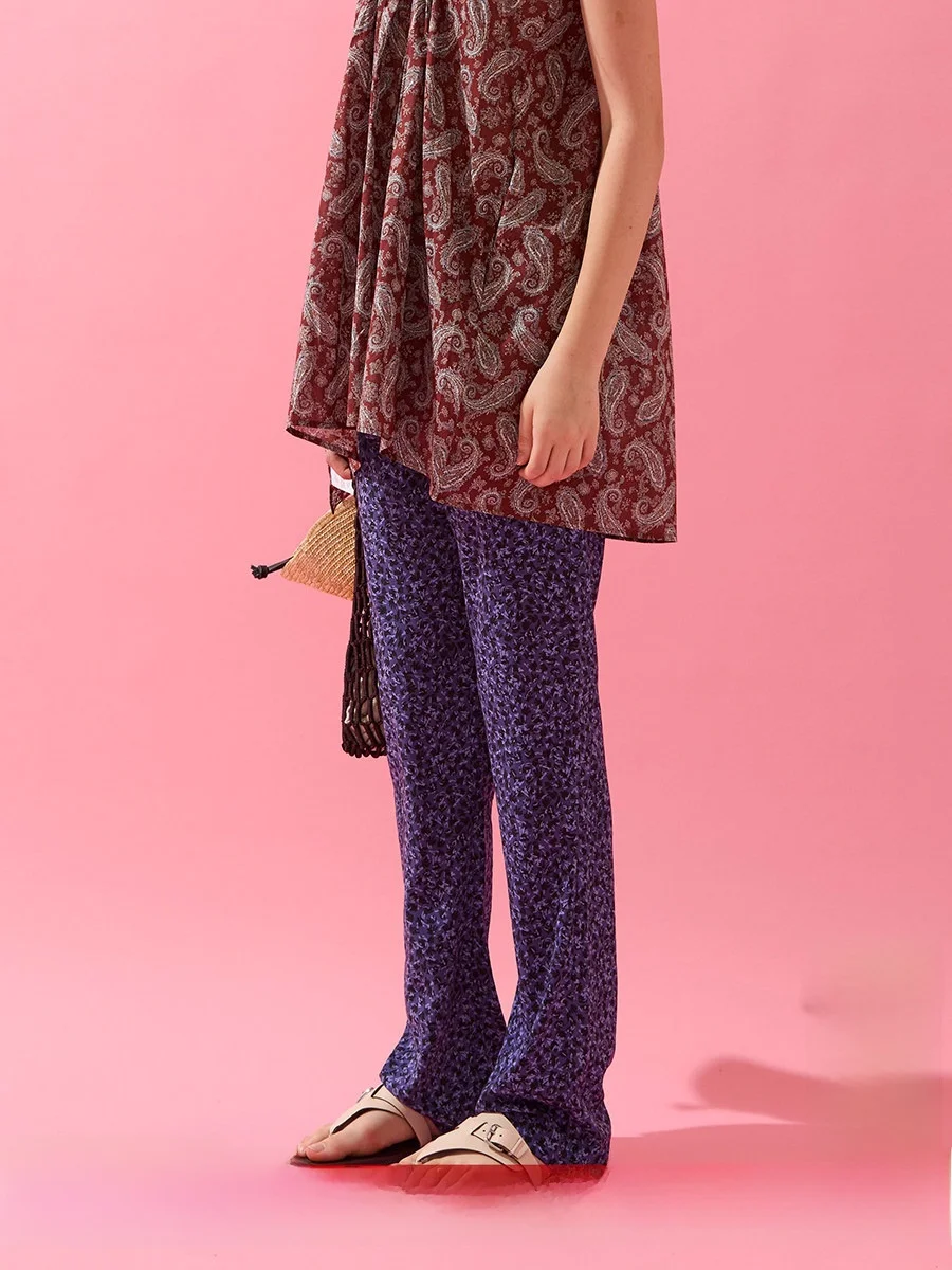 

Брюки прямого кроя с цветочным принтом DEARSOCUTE, коллекция Весна-Лето, ручная работа, повседневные, оригинальные, эластичные...