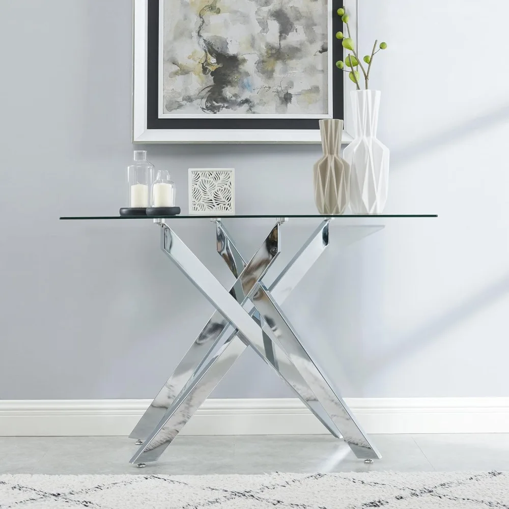 

Table Narrow Sofa Table with Tempered Glass Top and Metal Tubular Legs, 45" Lx18 Wx30 H, Silver