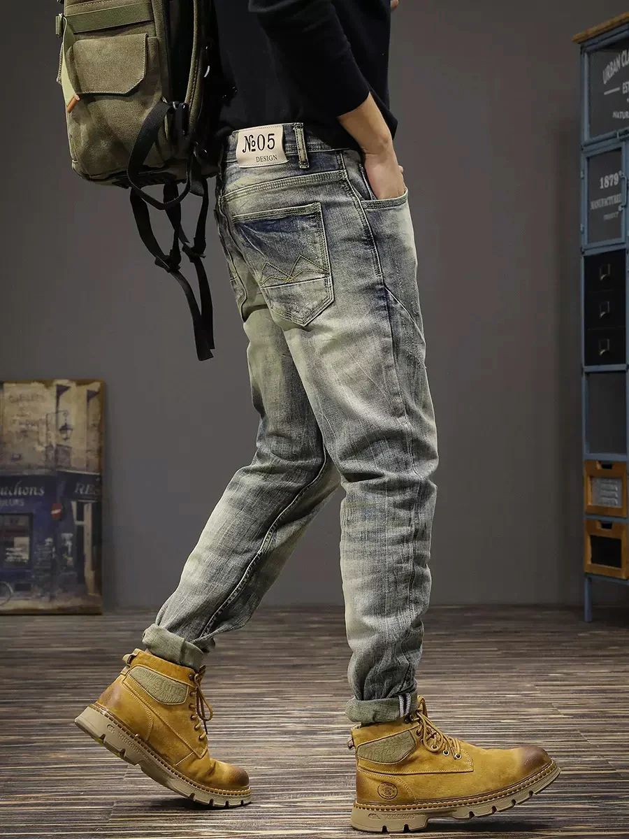 Fashion Designer Men Jeans Retro Trousers Stretch Elastic Slim Fit Ripped Jeans Men Patched Vintage Casual Denim Pants Hombre