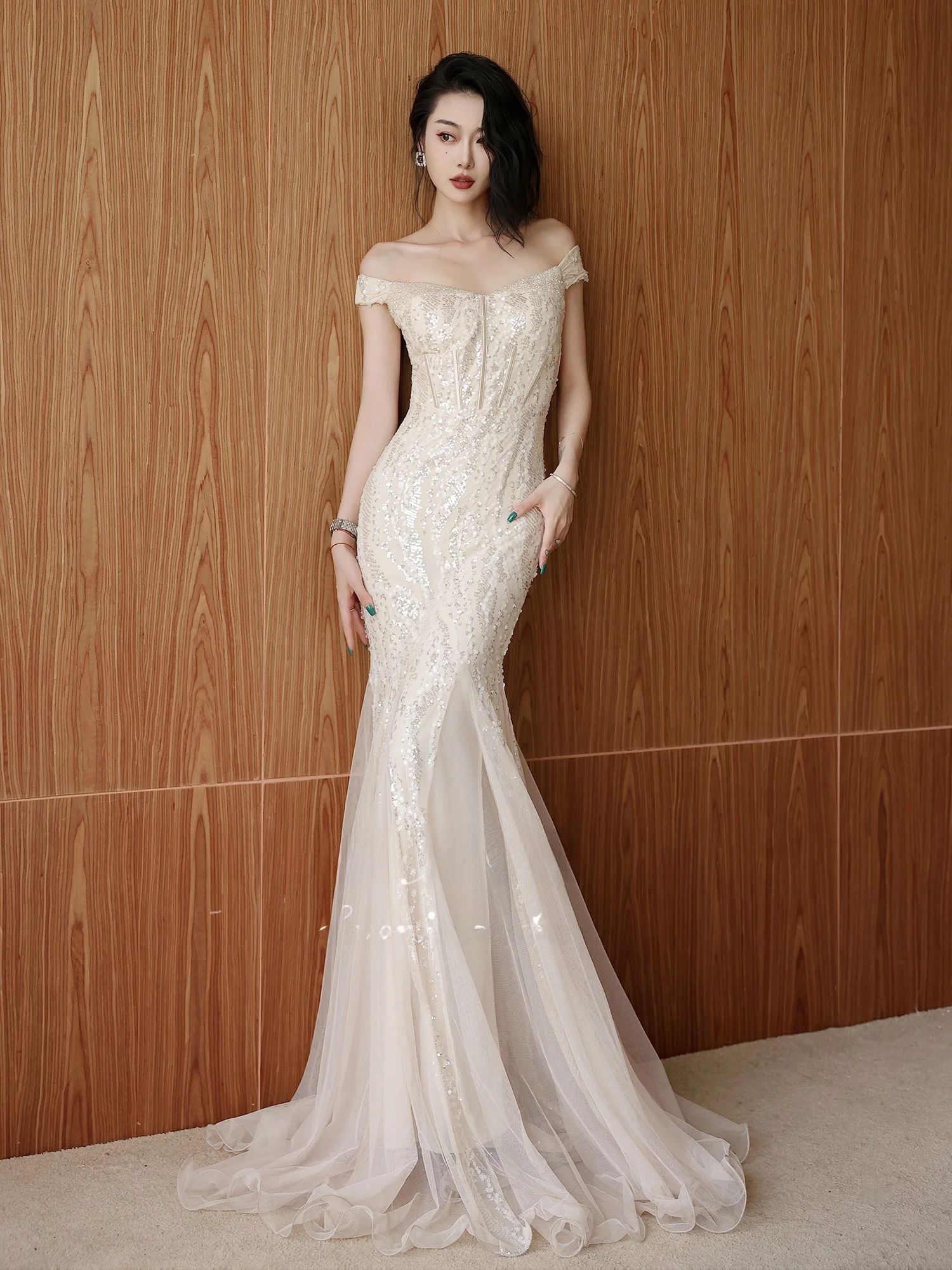 

Ele One-oulder Evening Gown Women's Engagement Dr Champagne Color Fi-Tail Luxury Sensation Wedding Par Dr