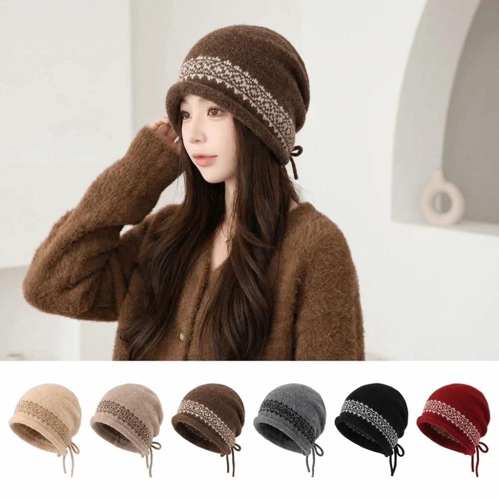 Vintage Women's Beanie Slouchy Fit Adjustable Drawstring Jacquard Knit Hat Jacquard Pattern Large Head Circumference