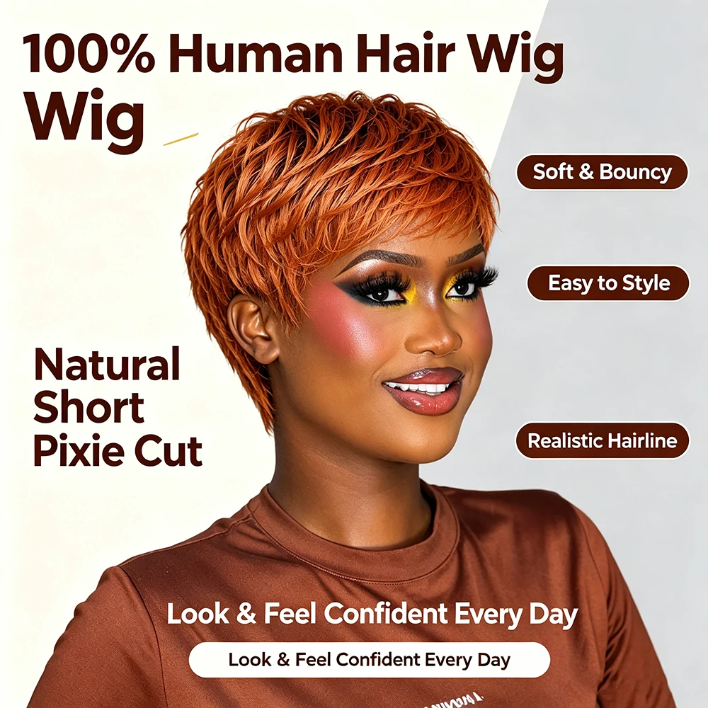 Women's Ginger Short Pixie Cut Human Hair Wig with Bangs