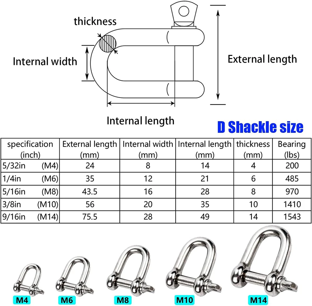 10pcs 5pcs D Type M8 Shackle Short Paragraph Rigging Stainless Steel 304 Shackle Hooks boat rigging hardware