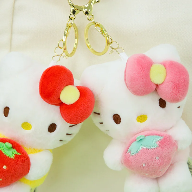 LLavero de juguete de peluche de fresa de Hello Kitty Sanrio KT gato lindo de dibujos animados muñeco relleno suave colgante bolsa accesorios llavero de coche regalo