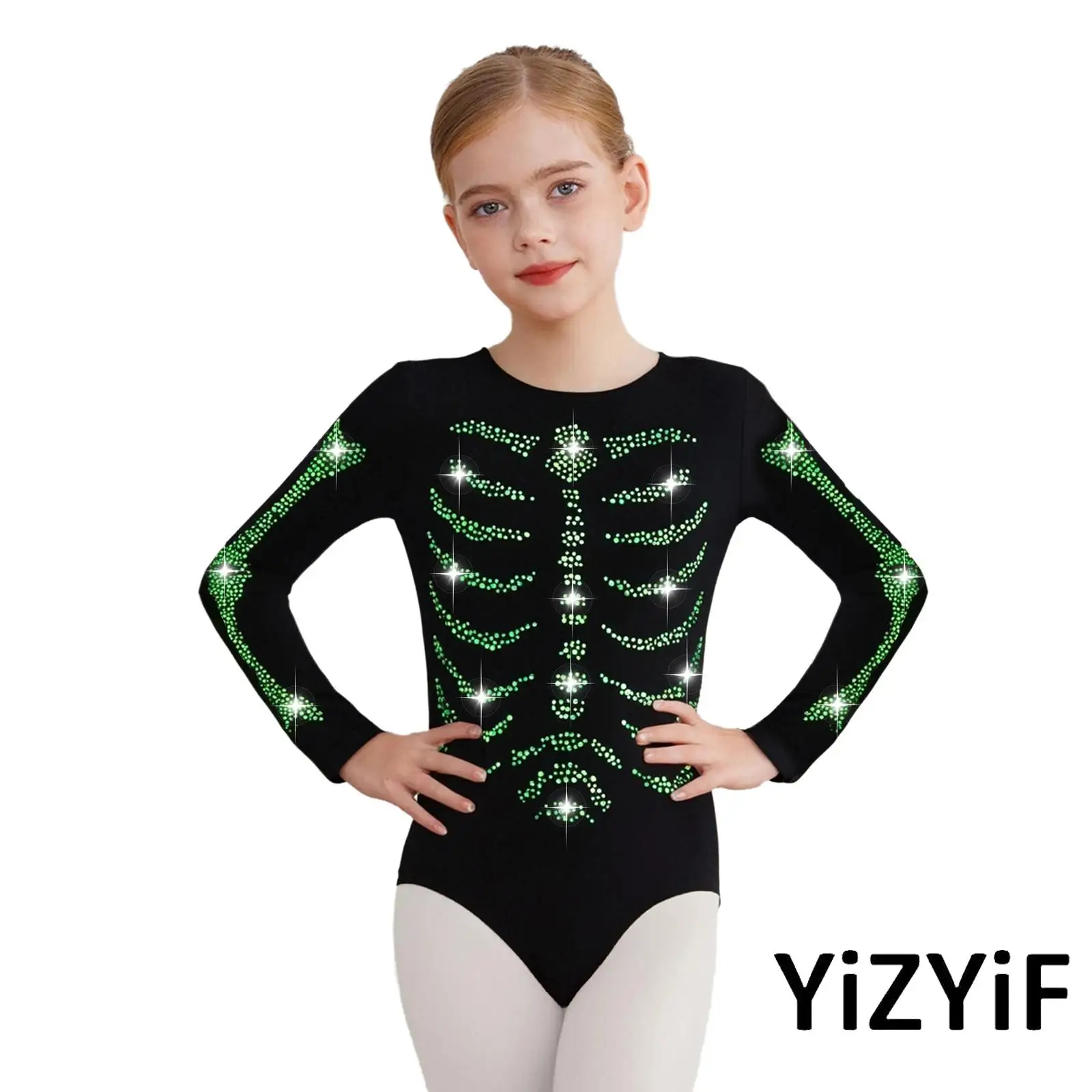 

Kids Unisex Glow In Dark Skeleton Jumpsuit Rhinestones Crotch Buttons Breathable Long Sleeve Leotard Halloween Party Costume