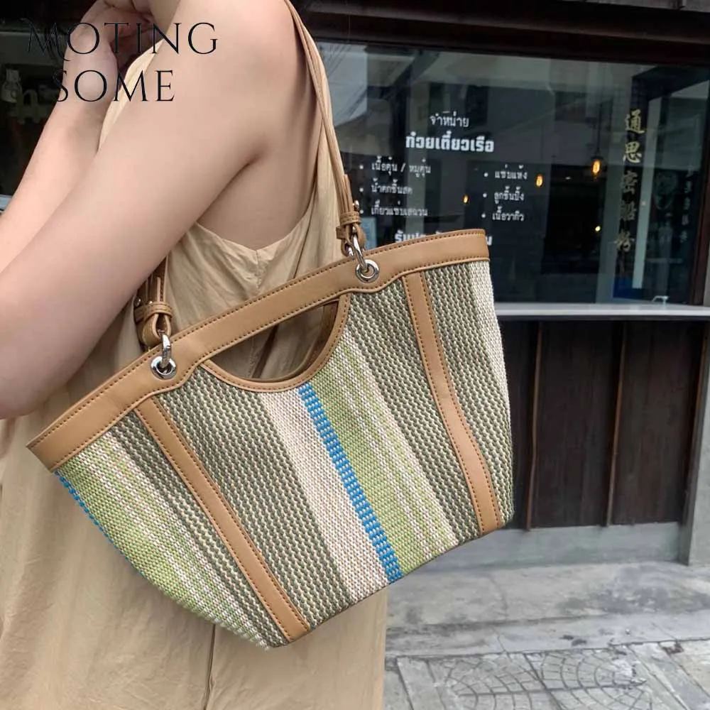 

Motingsome Oversized Woman Summer Bag Luxury Straw Knited Shoulder Bag Fashion Lady Striped Pattern Casual Tote Handbag 2024 New