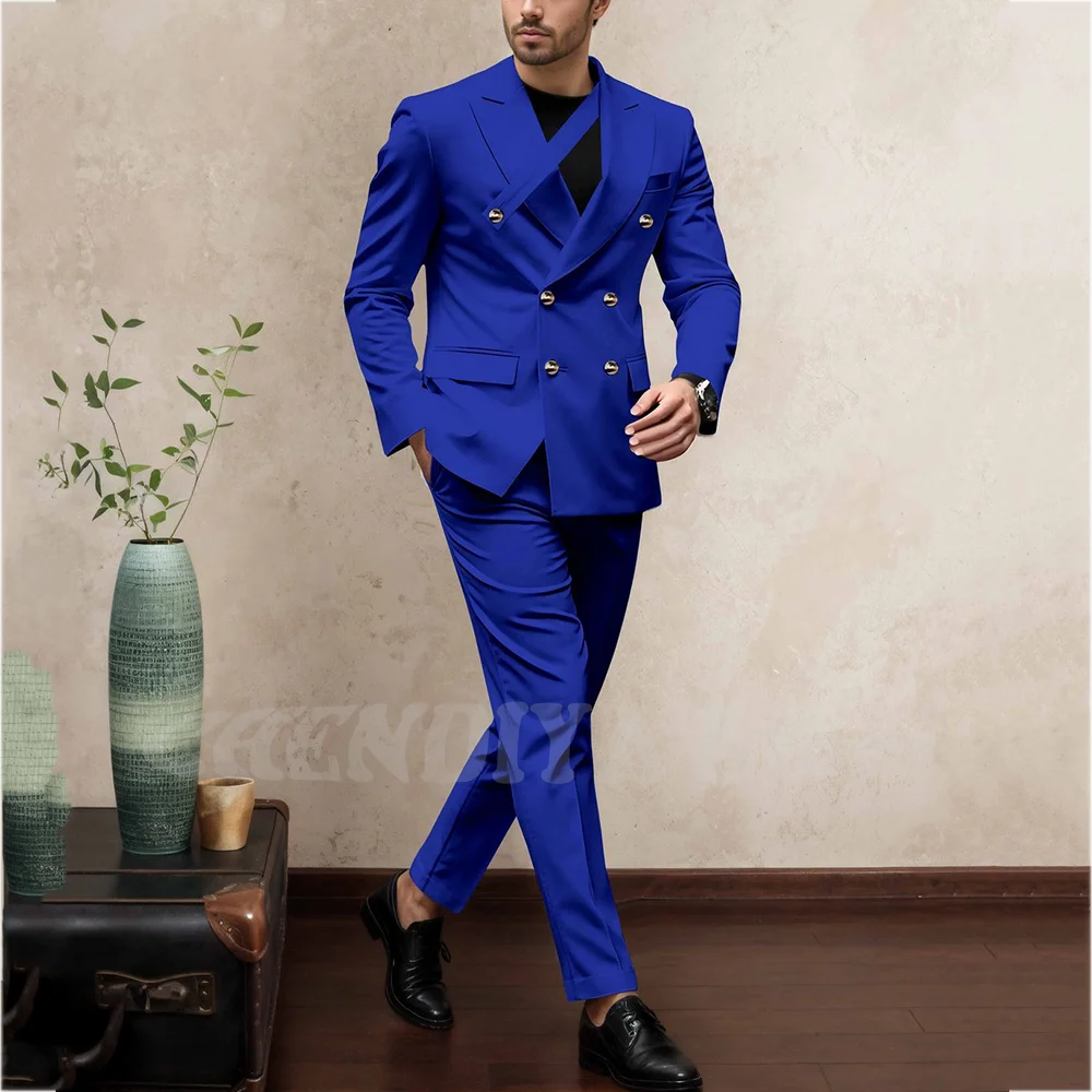 

Королевский синий костюм для мужчин, элегантный костюм с остроконечными лацканами, официальная мужская одежда (пиджак + брюки), однотонный костюм для деловой вечеринки, выпускного вечера