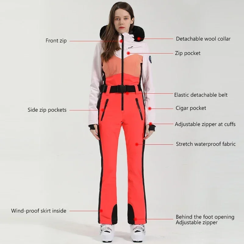 2025 Winter One-Piece Ski Suit Women Slim Outdoor Snowboarding Jacket Warm Waist Skiing Set Jumpsuits Windproof Waterproof