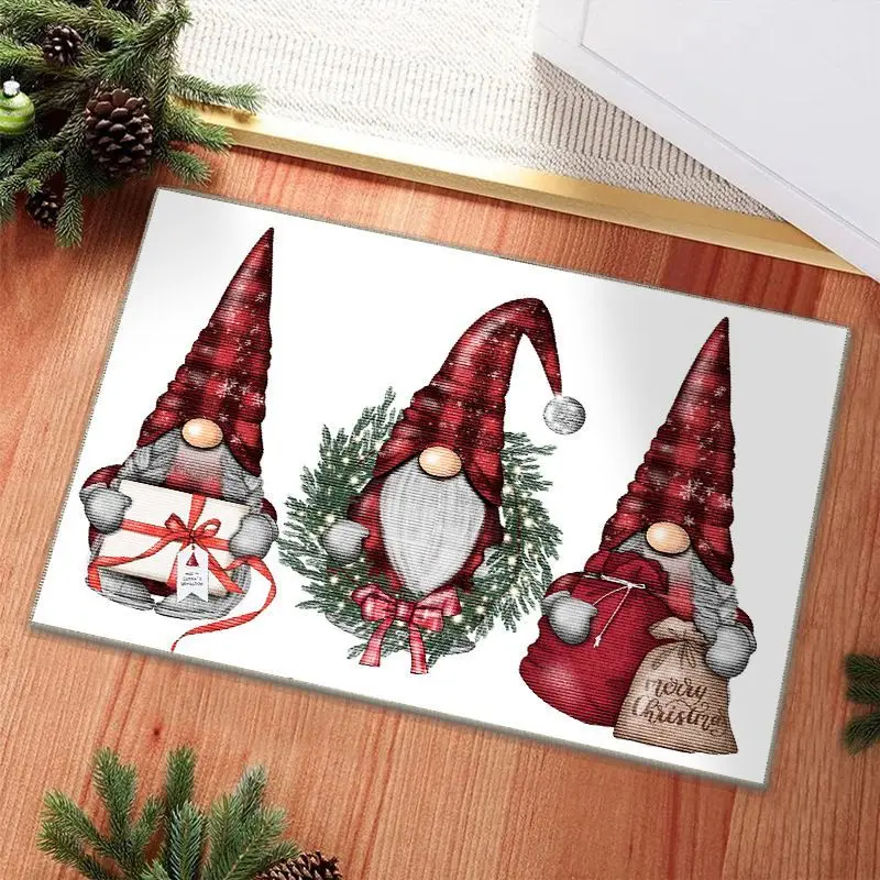 VIKAMA White Christmas Gnome Doormat Three Red Plaid Hat Tomte Welcome Mat Entryway Rug Xmas Holiday Front Door Home Decor