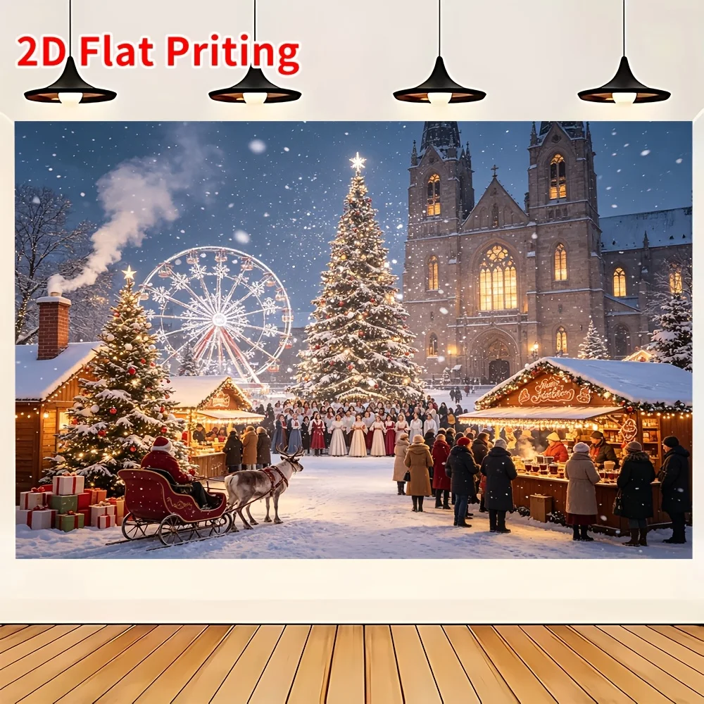 Cozy Christmas Market Scene Wall Decor Festive Winter Village Holiday Xmas Backdrop Art Print