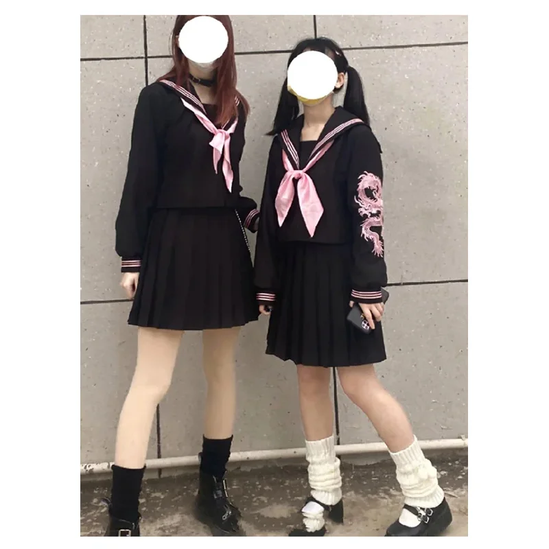 

ss23white pink Embroidered dragon JK uniform dress a set of black middle school students lovely basic bad sailor suit