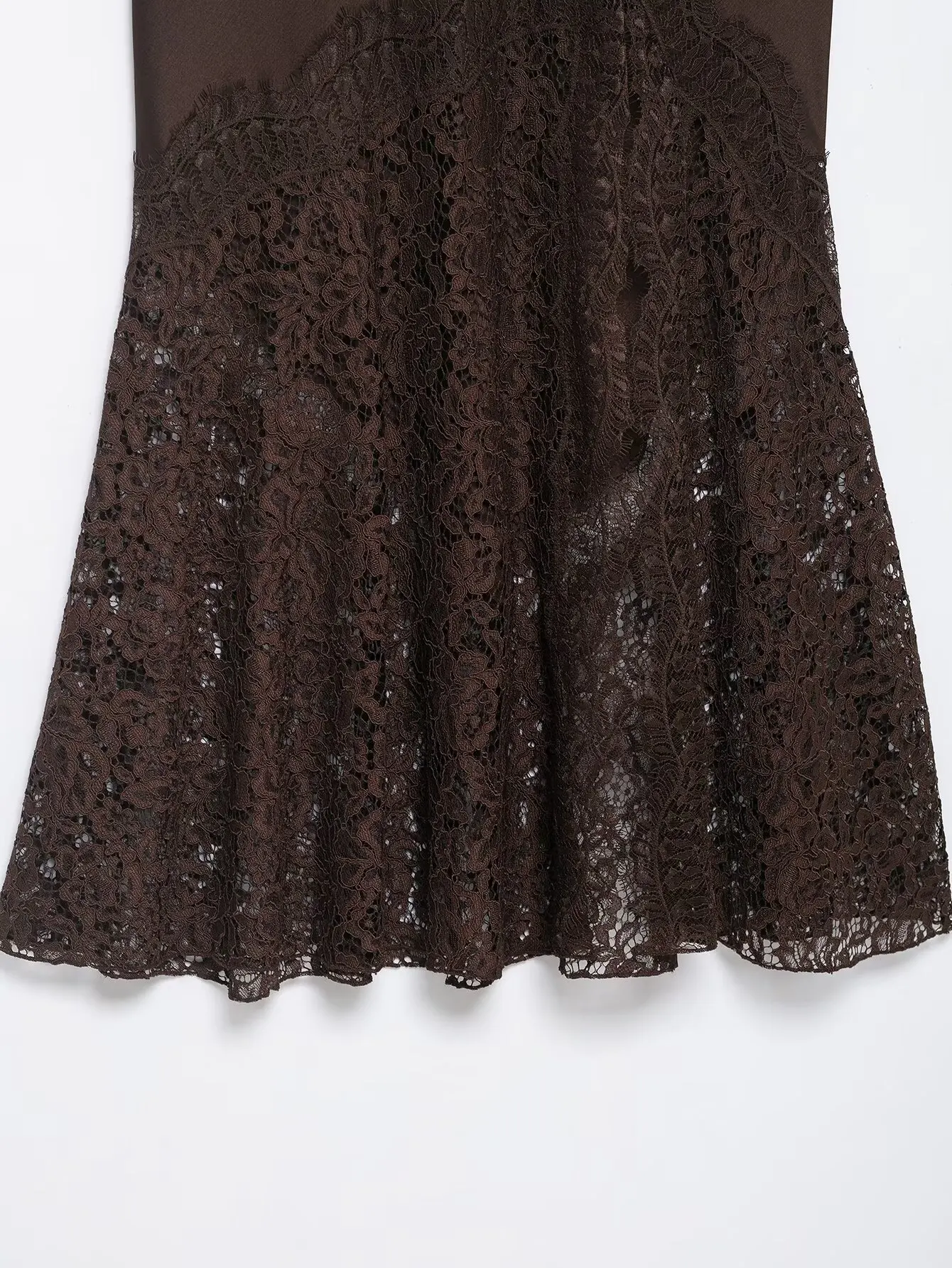 Herbst Neuheit: Eleganter Brauner Satin-Midirock mit Spitzenbesatz und Reißverschluss für Damen – Schicker Party- und Clubrock – Detail 10
