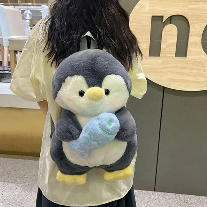 Plush Penguin Backpack Adjustable Shoulder Straps Penguin Stuffed Backpack Cartoon Tote Bag For School Soft Little Shoulder
