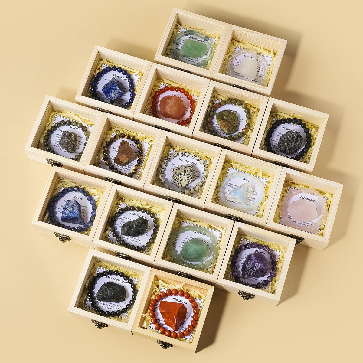 Healing Crystal Set - Natural Raw Crystal Beaded Bracelet Wooden
