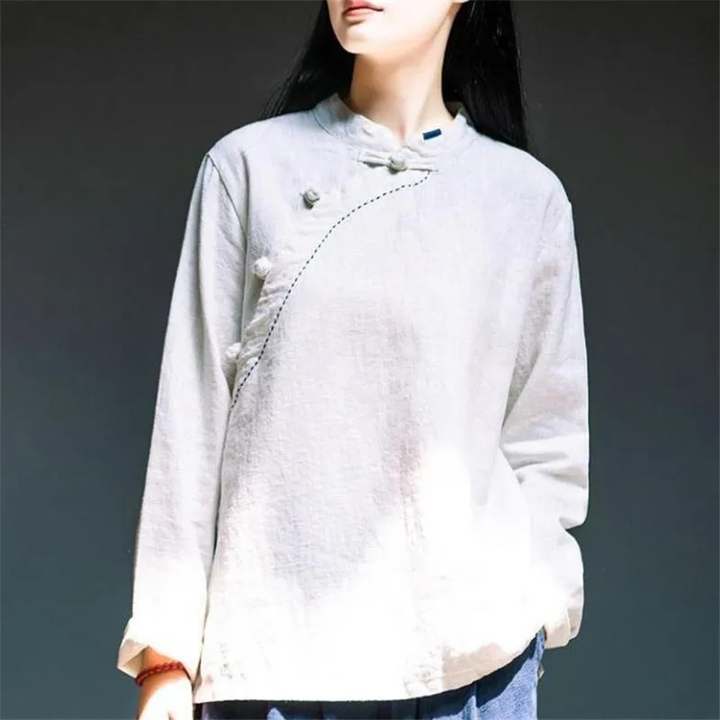 Chinese Style HanFu Top Women Loose Cotton Linen T-shirt Summer Stand Collar Buckle Button Tea Clothing Top Female Casual Tee