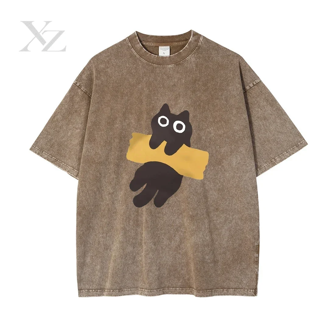 Men's Japanese Style Cotton T-Shirt Cat Print Adhesive Tape Short Sleeve Washed Oversized O-Neck Tee