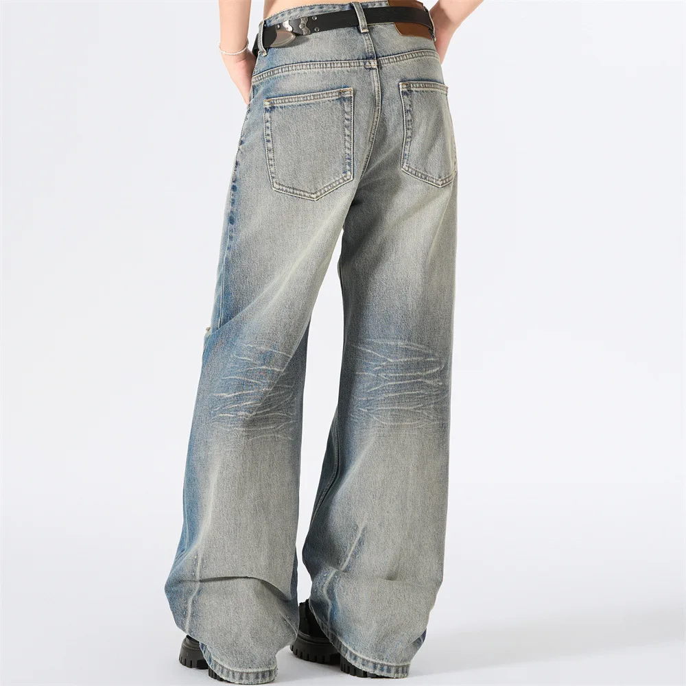 MWJLPWQ Ripped Distressed Jeans For Men American High Street Design Rivet Decoration Punk Gradient Wash Wide-Leg Pants 17409