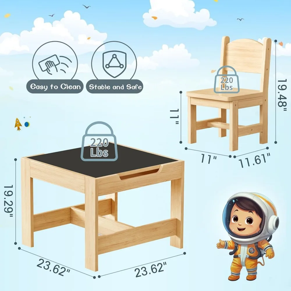 Kindertafel En Stoel Set, 3 In 1 Massief Grenen Houten Kindertafel En 2 Stoelenset, Peuterbureau, Peutertafel En Stoelenset