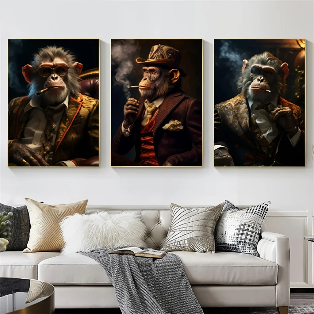 3pcs American Animal Posters, Monkey Smoking Cigar Creative Decoration, Canvas Poster Printing, Fashionable Wall Art, Office, Li