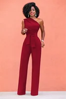 Women's Jumpsuit Solid Skew Collar Crop Top Straight Pants Belt Sexy Sleeveless Loose Pants Elegant Charming Playsuits 2024 - Image 3