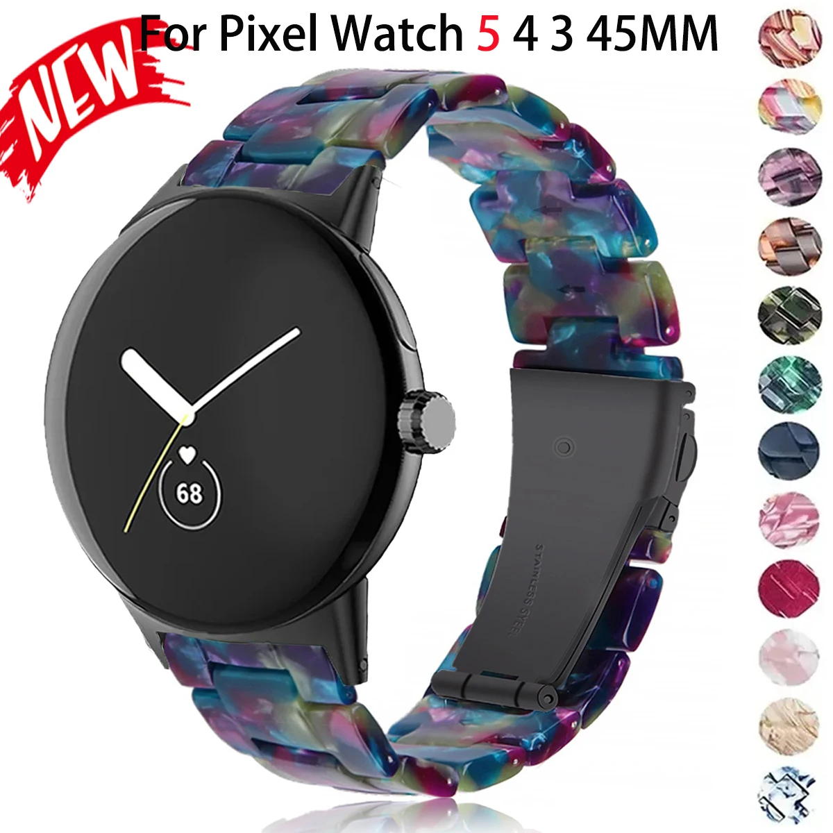 Colorful Resin Band for Google Pixel Watch 5 4 3 45mm Folding Buckle Adjustable Sport Strap for Pixel 5 45mm Replace Bracelet