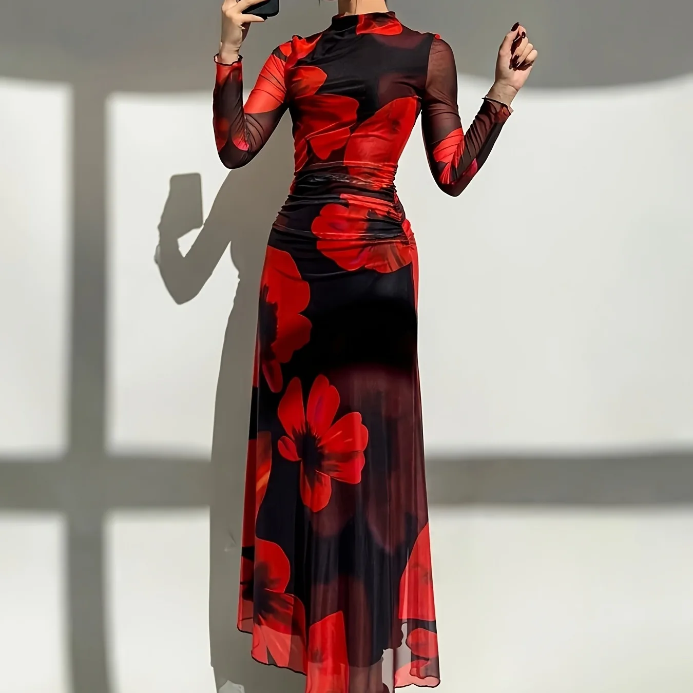 

Elegant Long Sleeve Printed Dress Comfortable Fashionable Women's Long Dress Party Wear A-Line Knitted Polyester Fiber