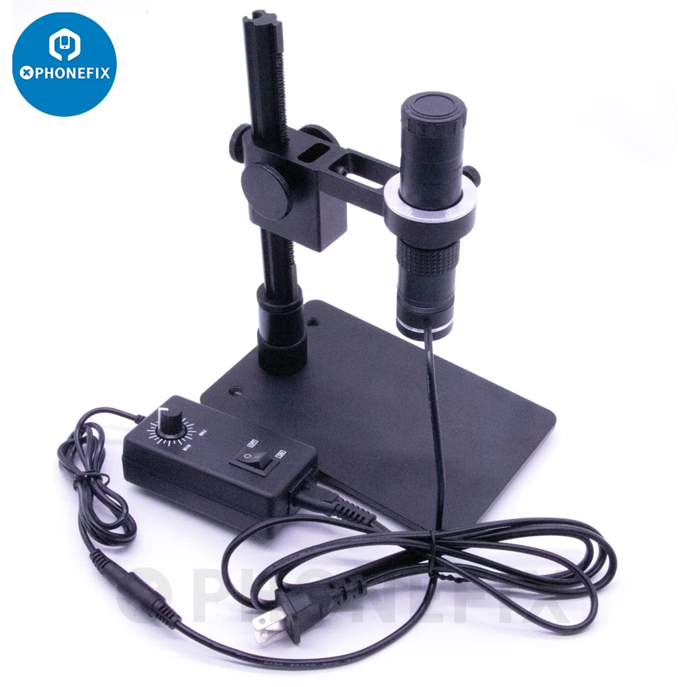 Portable Industrial Microscope Set with 130X C Mount Lens Adjustable 16LEDs Ring Light Aluminum Alloy Stand for Microelectronics