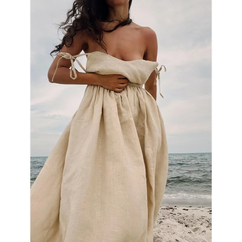 

2025 pure cotton V collar sling New Elegant sexy lace-up backless WOMEN'S clothing dress C001