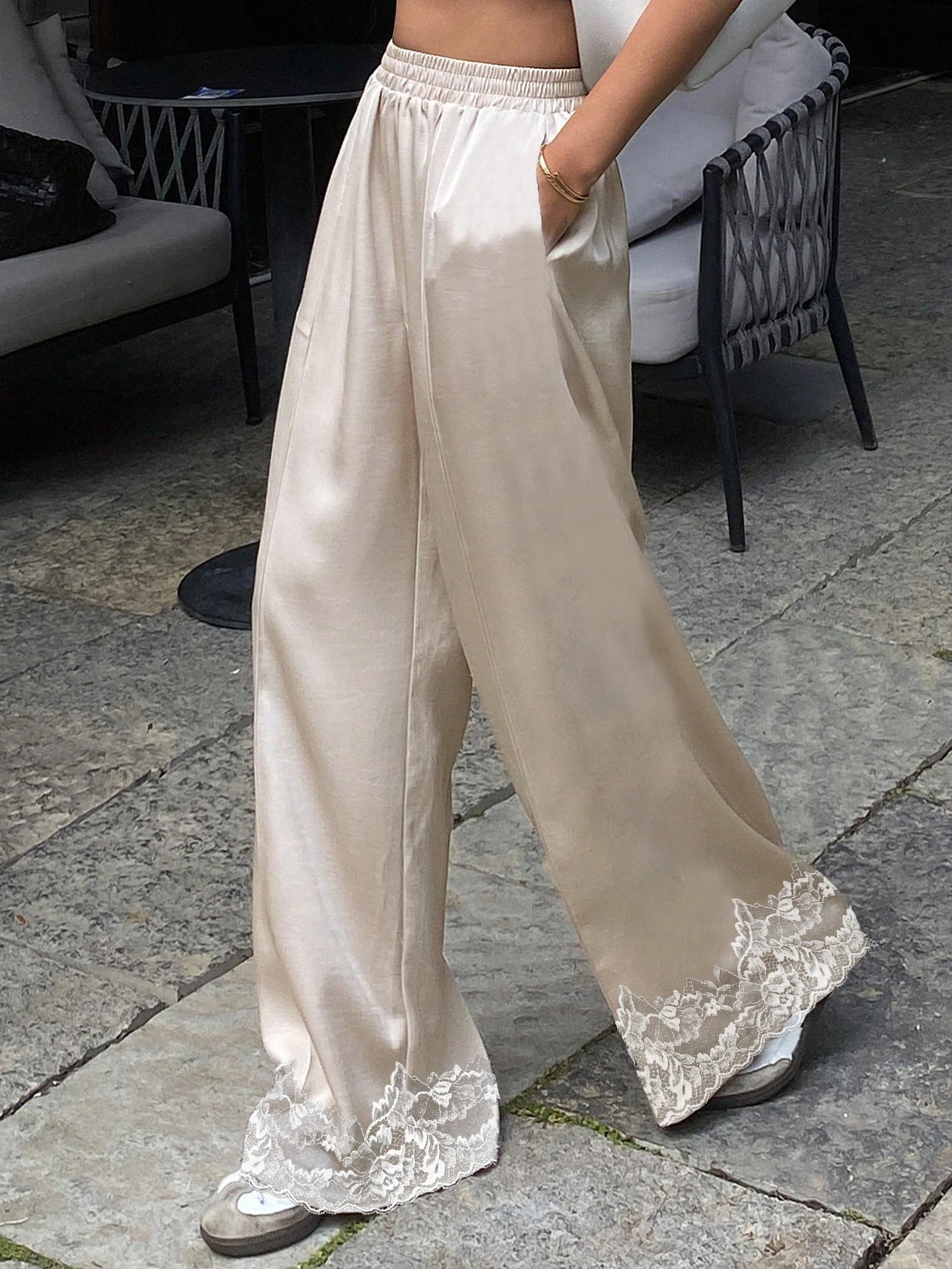 2026 Women Satin Silk Lace Trim Pants Y2k High Street Elastic Waist Wide Leg Pj Lounge Boxer Bottoms Trendy Causal Trousers