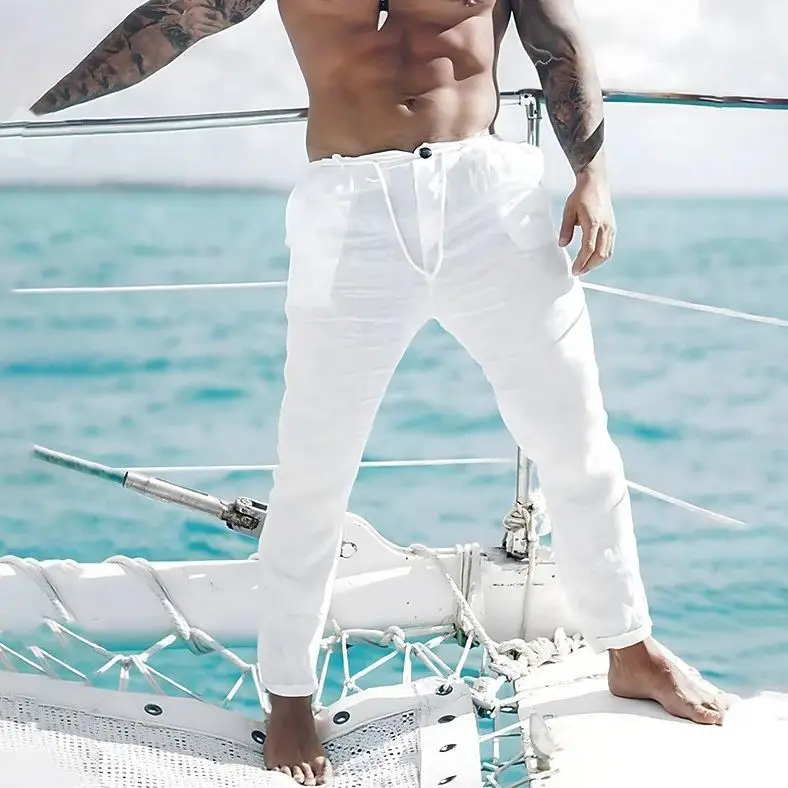 

Men's fashion trend linen summer beach pants with waist pleated plain comfortable breathable casual daily fashion trousers