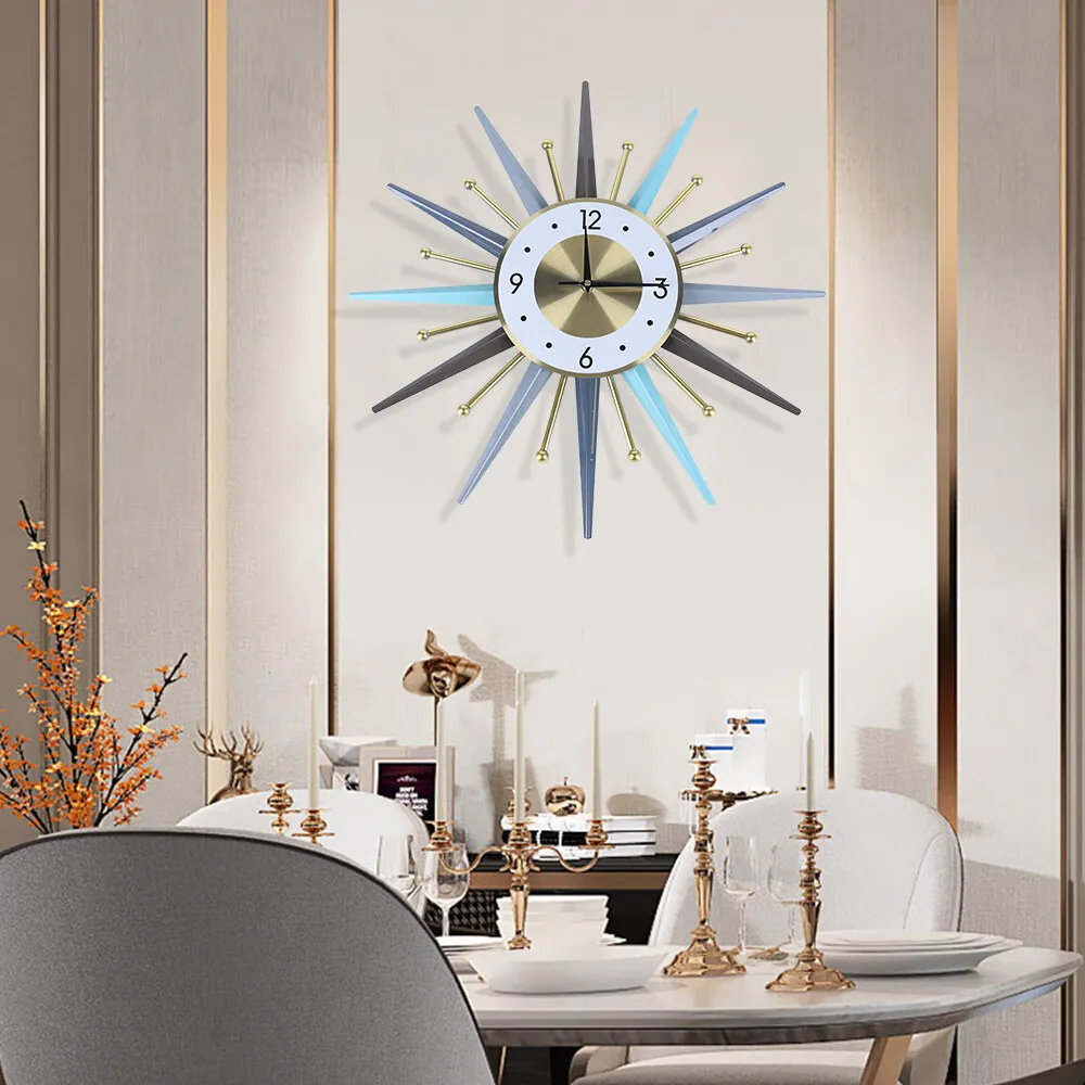 

Simple Nordic Vintage Style Mid Century Starburst Wall Clock Wall Watch Decor Sunburst Non-Ticking Quiet Metal for Living Room